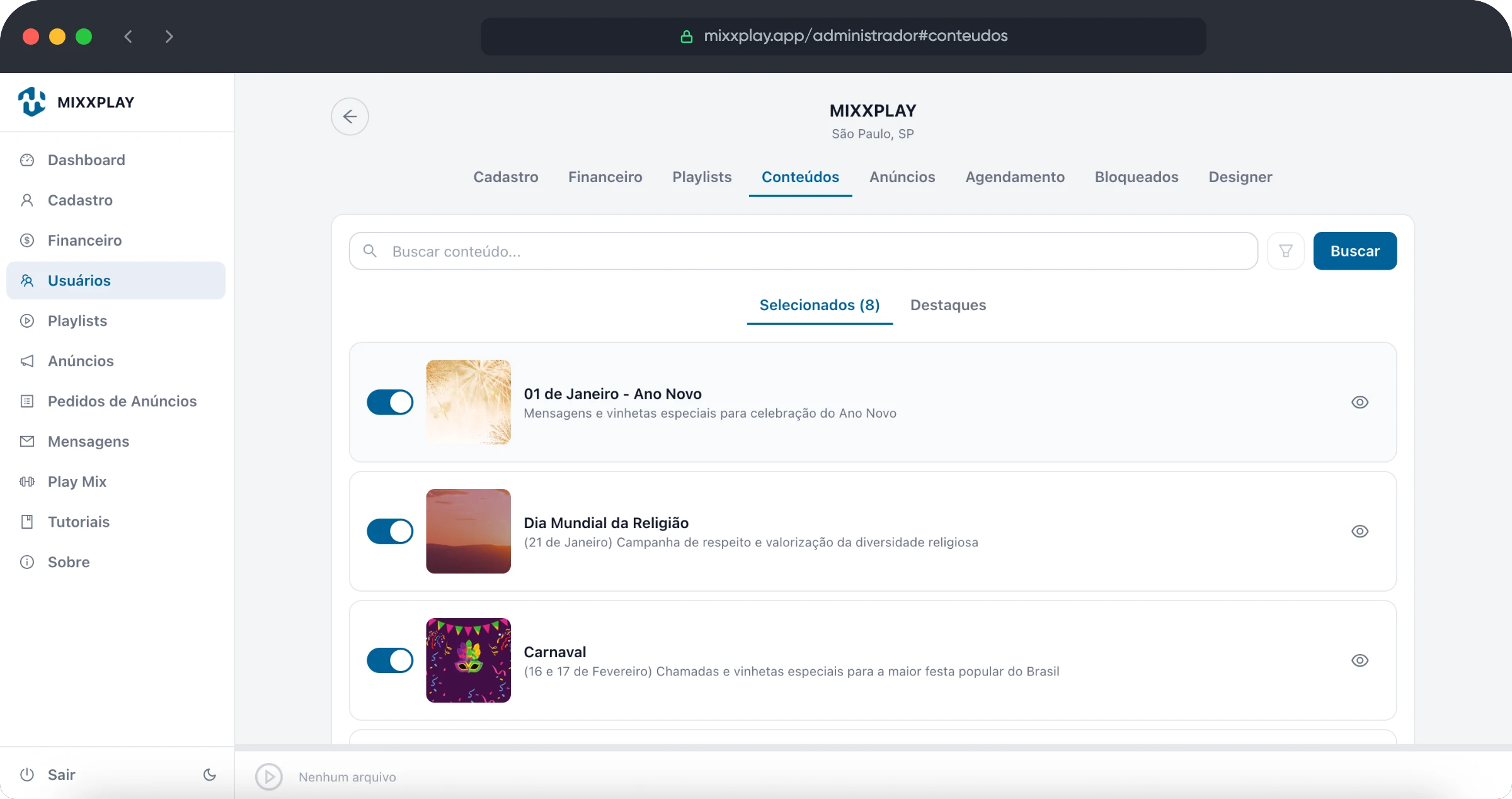 Sistema MIXXPLAY - Conteúdos