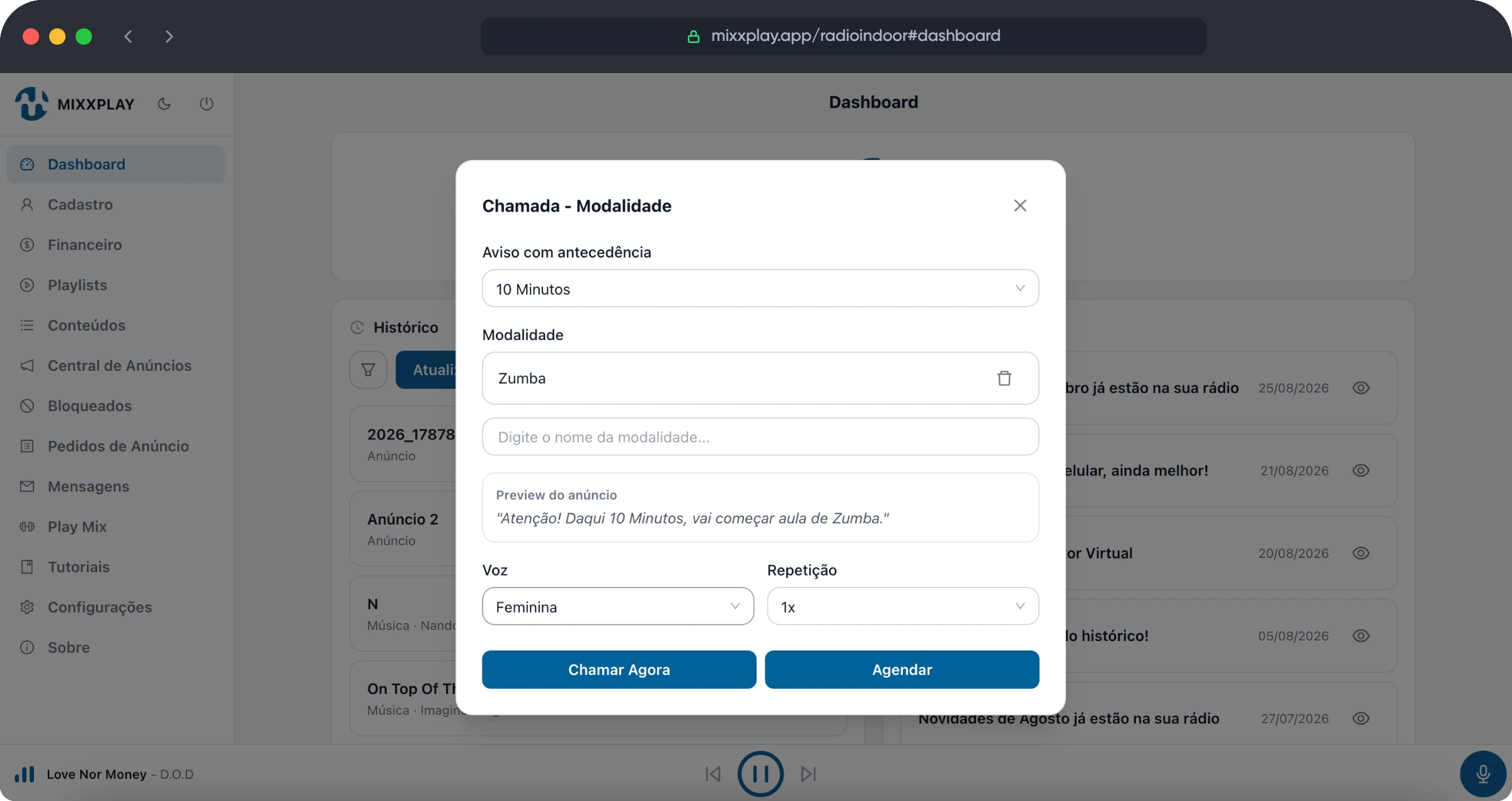 Sistema MIXXPLAY - Chamada de modalidades para academias
