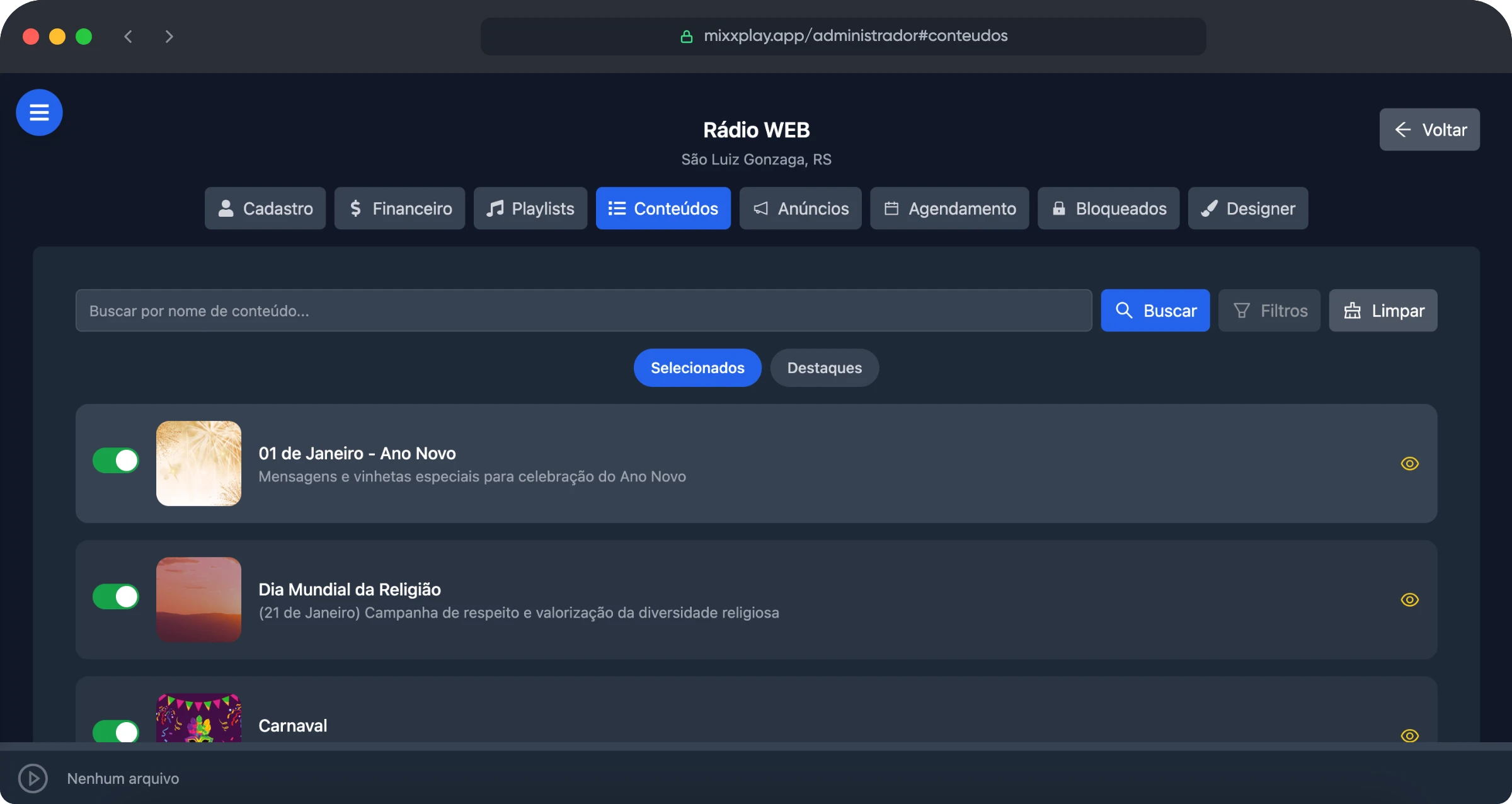 Sistema MIXXPLAY - Conteúdos