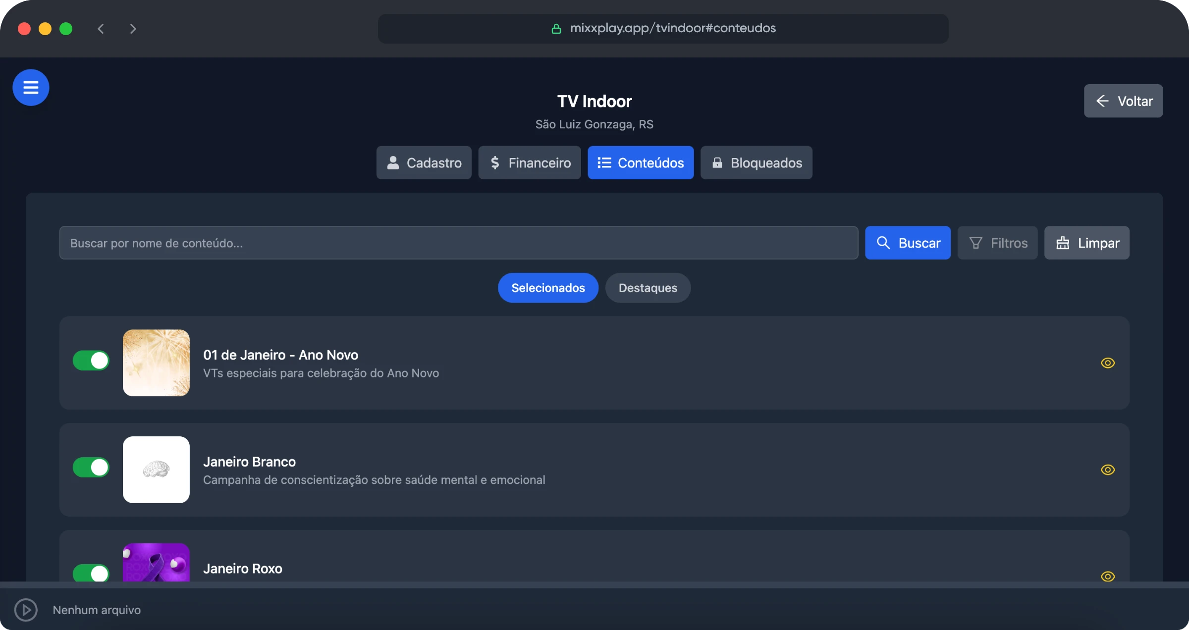Sistema MIXXPLAY - Conteúdos